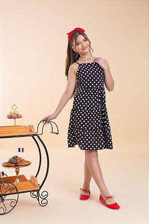 Vestido midi infantil poá preto