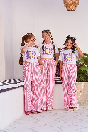 Conjunto menina calça listra rosa e t-shirt banana