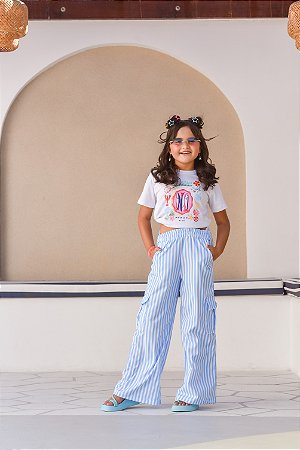Conjunto menina calça listra azul e t-shirt sardinha