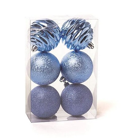 Bolas de Natal Texturizadas Ondas Azul Claro 8cm - 06 unidades