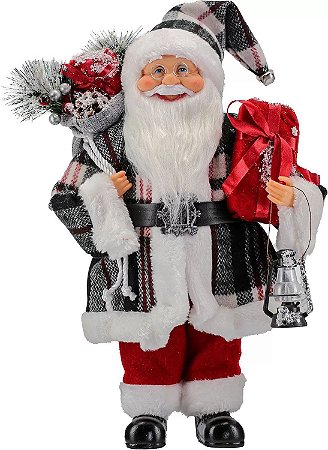 Boneco Papai Noel em Pé com Lanterna e Saco de Presentes nas Costas 41cm