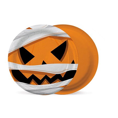 Prato de Papel Halloween Abóbora 18cm - 8 Unidades