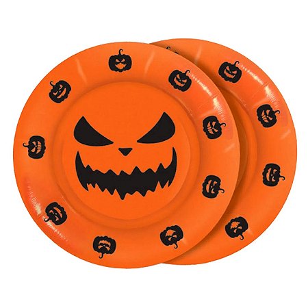 Prato de Papel Halloween Abóbora 18cm - 8 Unidades