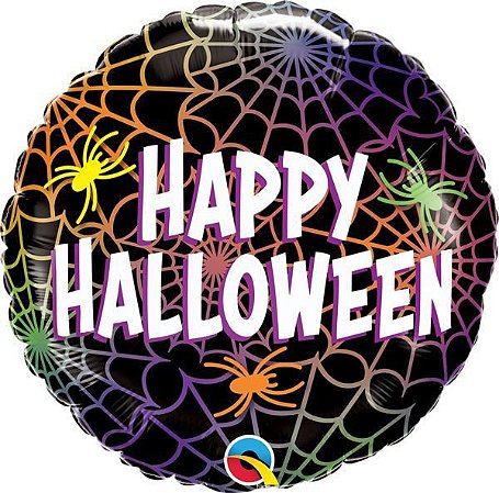 Balão Metalizado Happy Halloween Teias e Aranhas - 18 Polegadas (46cm) - Flutua Com Gás Hélio