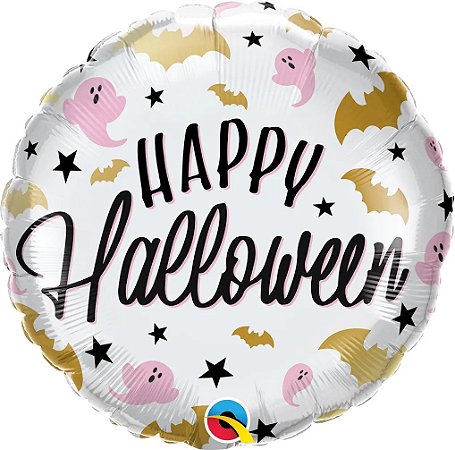 Balão Metalizado Happy Halloween Morcegos e Fantasmas - 18 Polegadas (46cm) - Flutua Com Gás Hélio