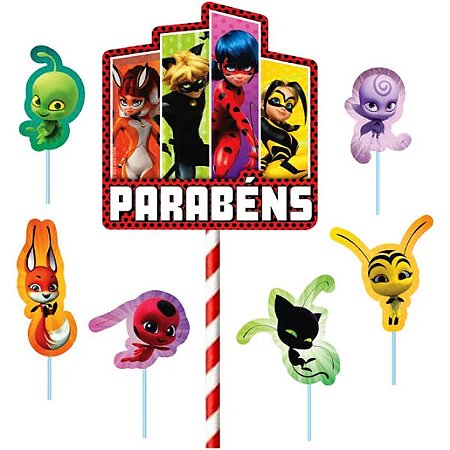 Topo de Bolo Topper Decoração Miraculous Cenário - 7 Peças (01 Topper maior + 6 Picks) Piffer