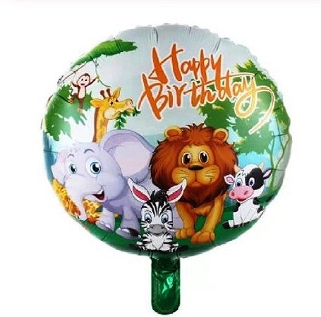 Balão Metalizado Happy Birthday Amigos da Selva - 46cm - Flutua Com Gás Hélio