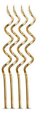 Vela Aniversário Palito Espiral Metalizada 13cm - Dourado - 4 Unidades