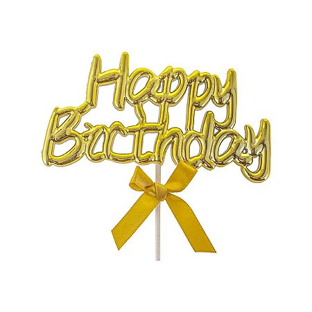 Topo De Bolo Happy Birthday Dourado Com Vareta - 20CM