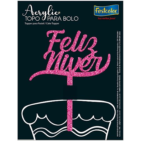 Topo de Bolo Acrylic Feliz Niver Glitter Pink - 17 x 12cm