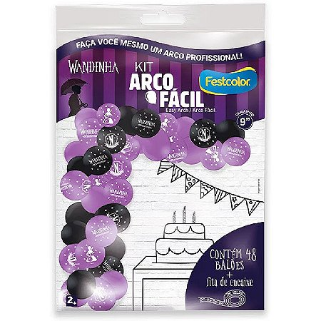 Kit Arco Fácil De Balões Festa Wandinha Com Fita - 48 Balões