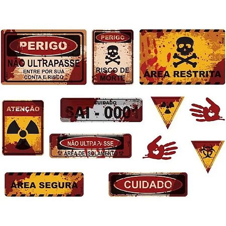 Kit 12 Decoração Painel Placa Perigo Parede Halloween