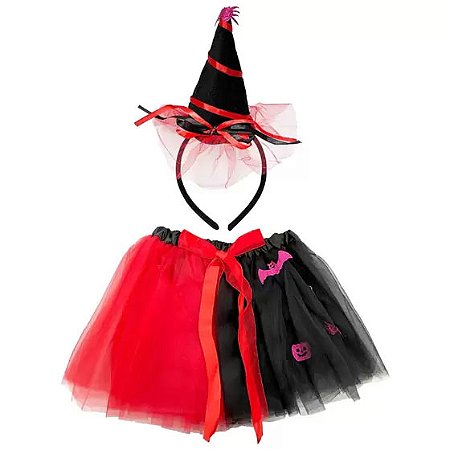 kit Fantasia Halloween Infantil Tiara Com Chapéu E Saia De Tule