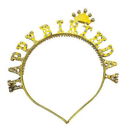 Tiara Happy Birthday Dourada C/Pedras