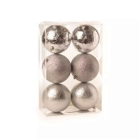 Bolas de Natal Arabesco Brilho Mate Glitter Prata 8 cm - 6 Unidades