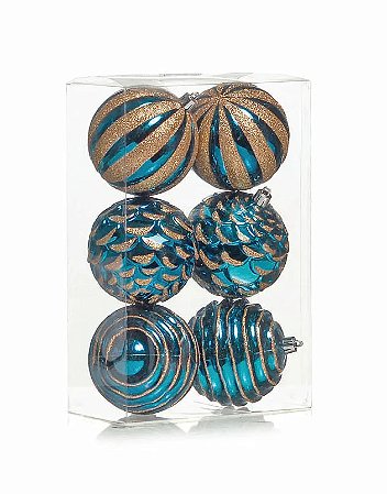Bolas De Natal Texturizadas Azul Turquesa/ouro 8cm - 6undidades