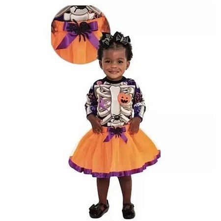 Fantasia Esqueleto Bebê Menina Halloween - Tamanho M