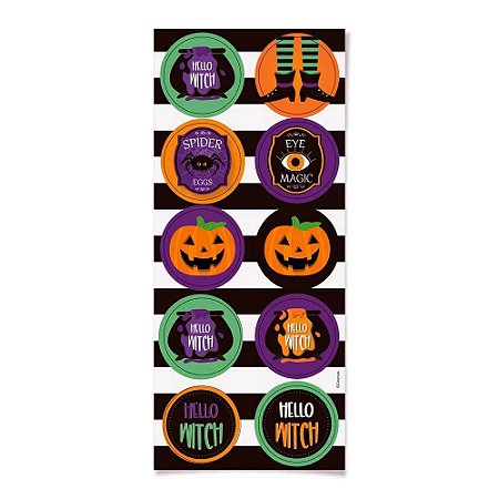 Adesivo Decorativo Redondo Rappy Halloween - 3 Cartelas Com 10 Adesivos Cada (30 Unidades)