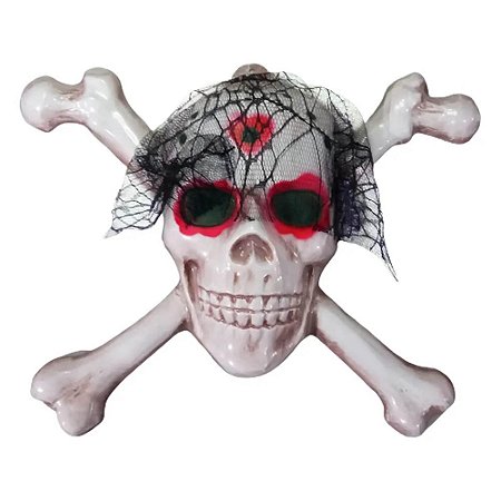 Caveira Branca de Plástico com Coração e Véu Preto Halloween - 36cm x 28cm