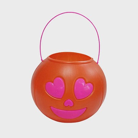 Balde Abóbora com Olhos Coração Rosa para Doces e Decoração de Halloween - 19cm X 14cm