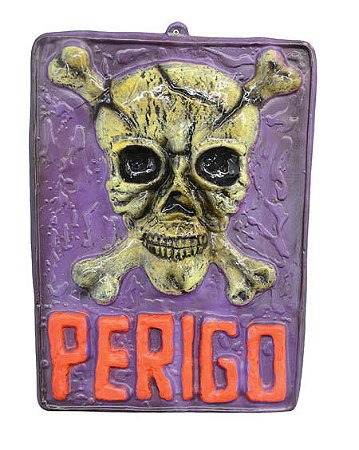 Placa Decorativa Perigo Caveira do Terror Halloween - 72cm x 50cm