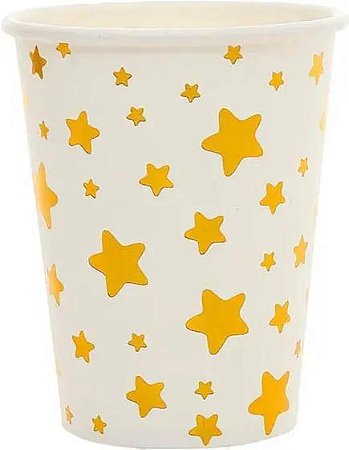 Copo de Papel Branco com Estrelas Dourada Festa 250ml - 8 Unidades