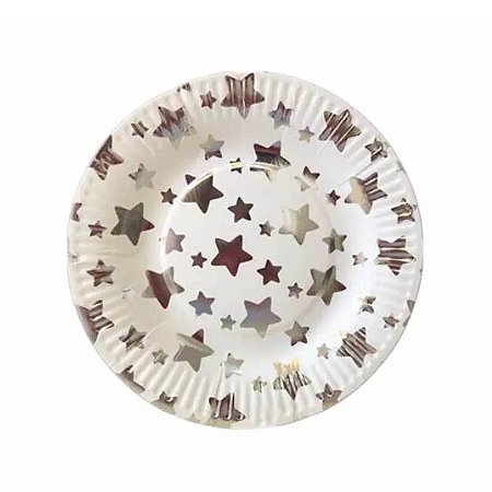 Prato de Papel Branco com Estrelas Prata 18cm - 8 Unidades