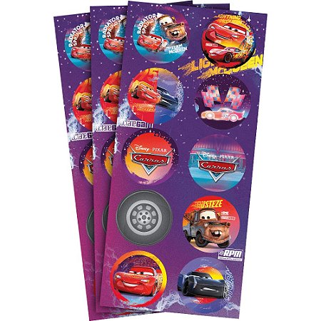 Adesivo Redondo Carros Disney - 3 Cartelas Com 10 Adesivos Cada (30 Unidades)
