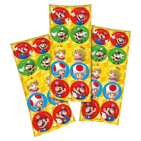 Adesivo Redondo Super Mario - 3 Cartelas Com 10 Adesivos Cada (30 Unidades)