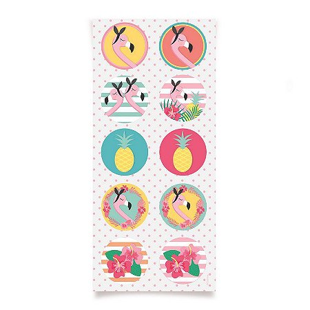 Adesivo Redondo Flamingo - 3 Cartelas Com 10 Adesivos Cada (30 Unidades)