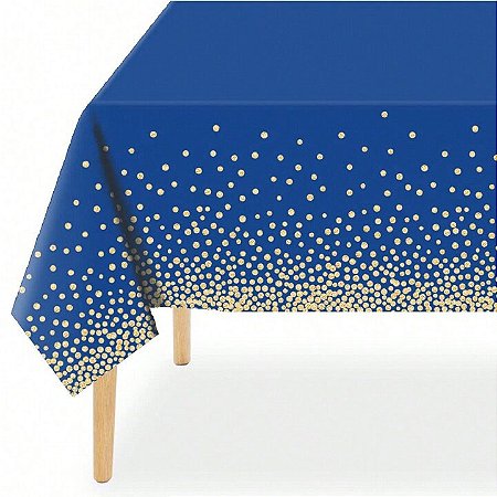 Toalha De Mesa Metalizada Azul com Bolinhas Douradas - 137 x 183 cm