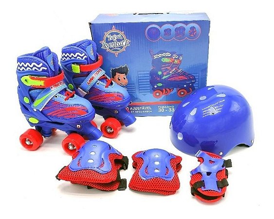 Patins Quad Roller Infantil 4 Rodas Ajustável do nº 30 ao 33 + Kit de  Proteção - Cor Azul - Glumi