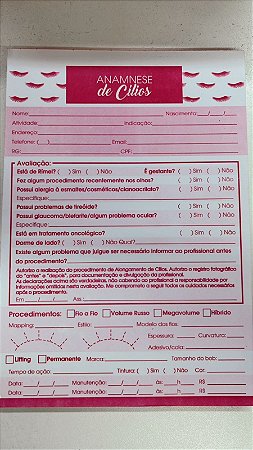 Bloco Anamnese alongamento de cílios - 100 folhas