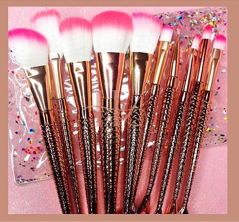 Pincel Maquiagem Sereia - kit c/ 10 - com nécessaire com glitter