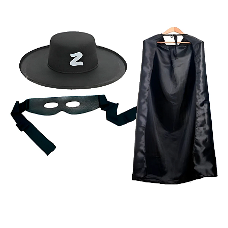 Fantasia Zorro Carnaval Adulto 3 Peças Capa Chapéu Máscara