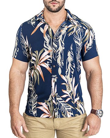 Camisa estampada Floral masculina MC Praia do Forte Pacific Blue Marinho