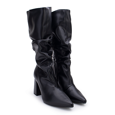 Bota Feminina Slouchy Cano Médio Salto Bloco 8 Cm Bico Fino Preto New York