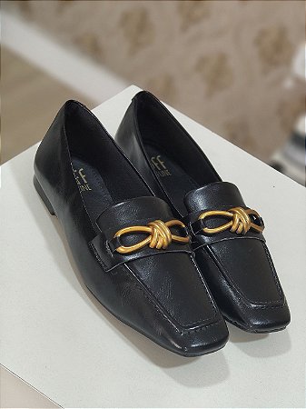 Sapato Mocassim Feminino Detalhes Em Laço Cor Preto