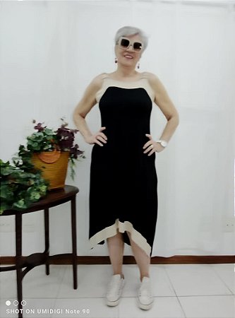 - Vestido em Viscolycra Preto com Detalhes Bege Tamanho G