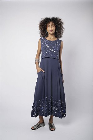 Vestido em Malha azul marinho com Estampa Manual Exclusiva | Tamanho G