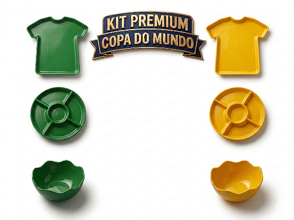 Kit Festa Copa do Mundo Brasil – Bandejas, Petisqueira e Cumbucas Verde e Amarelo