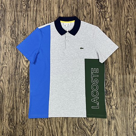 Polo Lacoste Letreiro Azul/Cinza/Verde