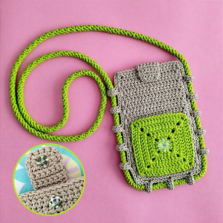Bolsa Porta Celular Transversal em Crochê Verde Lima