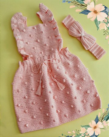 Jardineira Bia com Tiara em Crochê Blush Salmão
