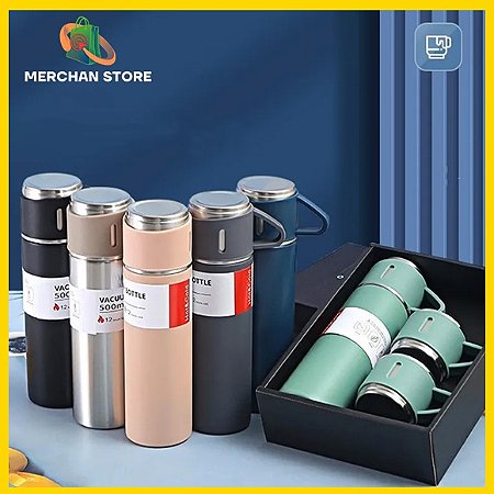 Garrafa Térmica em Aço Inoxidável e Pintura Fosca 500ml +3 Xícaras