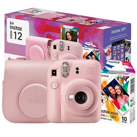 Kit Câmera Instantânea Fujifilm Instax Mini 12 Rosa, Pack 10 Filmes Spray Art, Bolsa