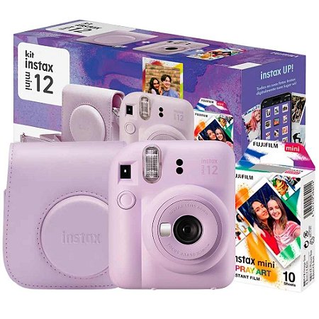 Kit Câmera Instantânea Fujifilm Instax Mini 12 Lilás, Pack 10 Filmes Spray Art, Bolsa