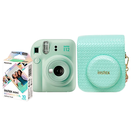 Kit Câmera Instax Mini 12 com pack 10 fotos Mermaid Tail e Bolsa Verde