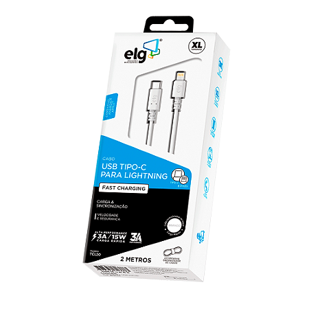Cabo USB Tipo C para Lightning, 3A, 15W, 2 Metros, Branco, TCL20, ELG