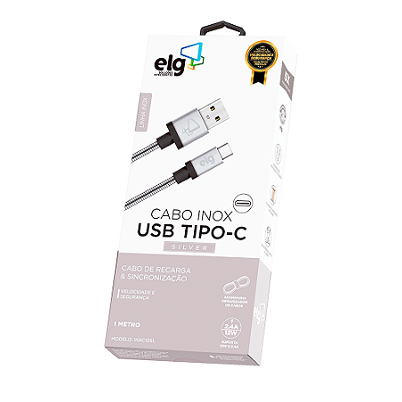 Cabo USB Tipo C, 3A, 15W, 1 Metro, Prata, INXC10SL, ELG.